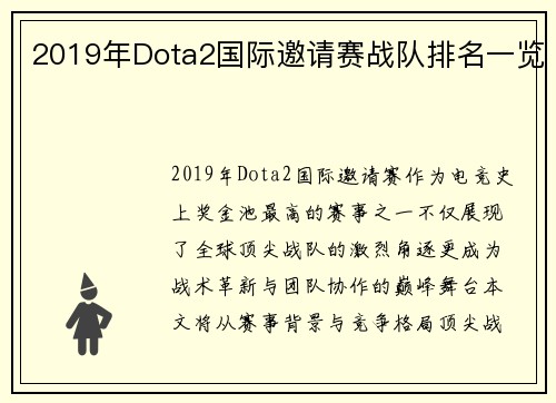 2019年Dota2国际邀请赛战队排名一览